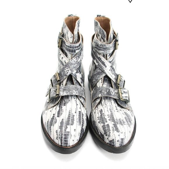 John Fluevog Modvogs Darin Boots Snake Print Leather Buckle Booties - Picture 4 of 13